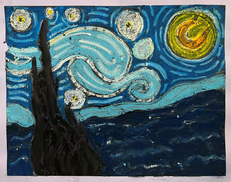 Child's artwork inspired by Van Gogh's Starry Night.