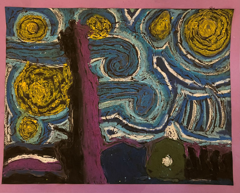 A child's artwork inspired by Van Gogh's Starry Night.