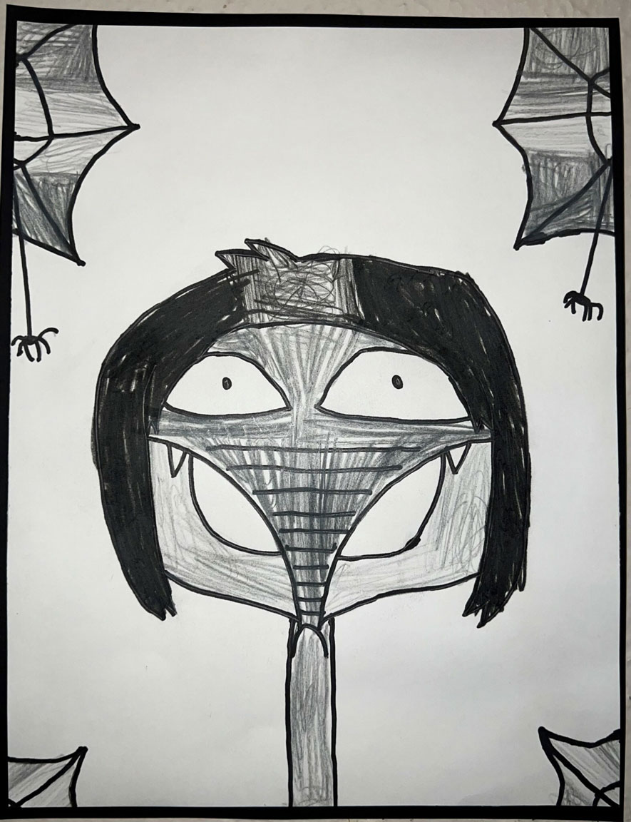 A child's drawing of a person inspired by Tim Burton's style.