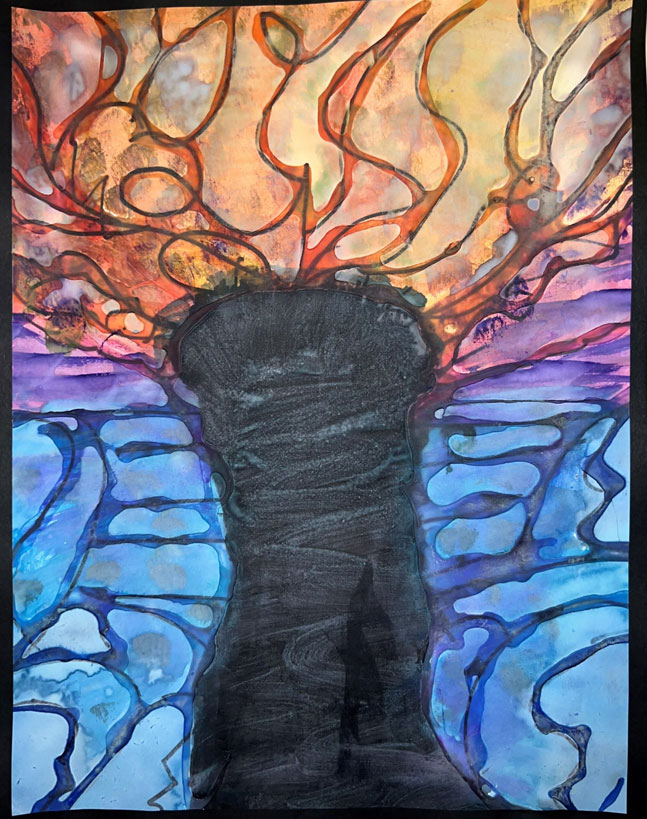 A child's painting of a tree in blue, purple and orange colors and a black tree trunk.