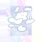 A digital artwork of a smiling imagination cloud, surrounded by other plain clouds on a multicolor background.