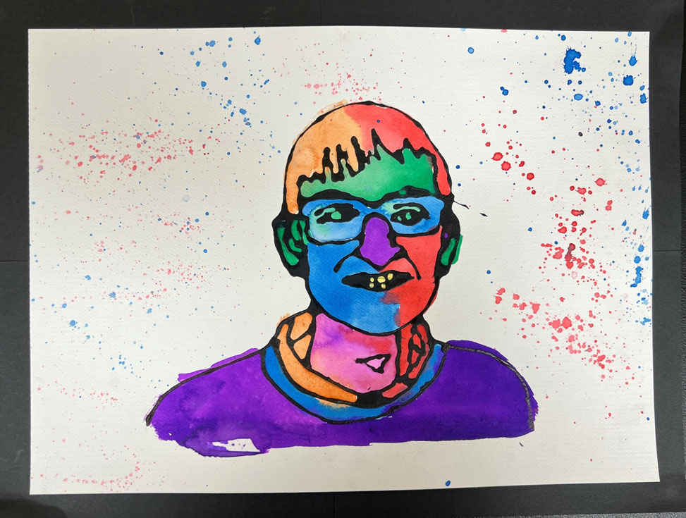 A rainbow colored watercolor self portrait of an adolescent boy.