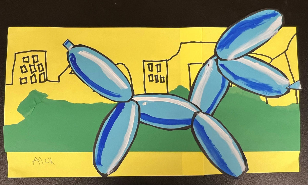A painting of a blue balloon dog on a green and yellow city background.