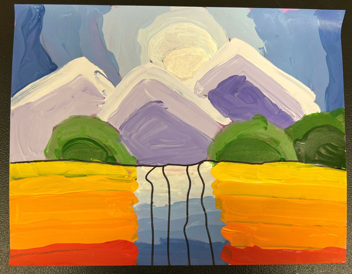 A painting using rainbow colors to create a mountainous landscape with a river and field.