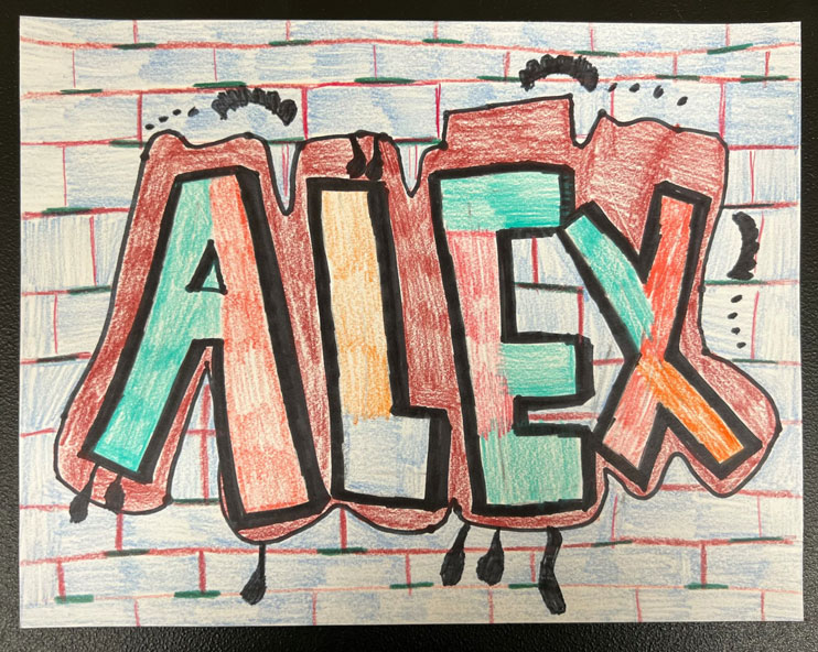 The name 'Alex' in the foreground is colored in multiple striped primary and secondary colors onto a blue brick wall background.
