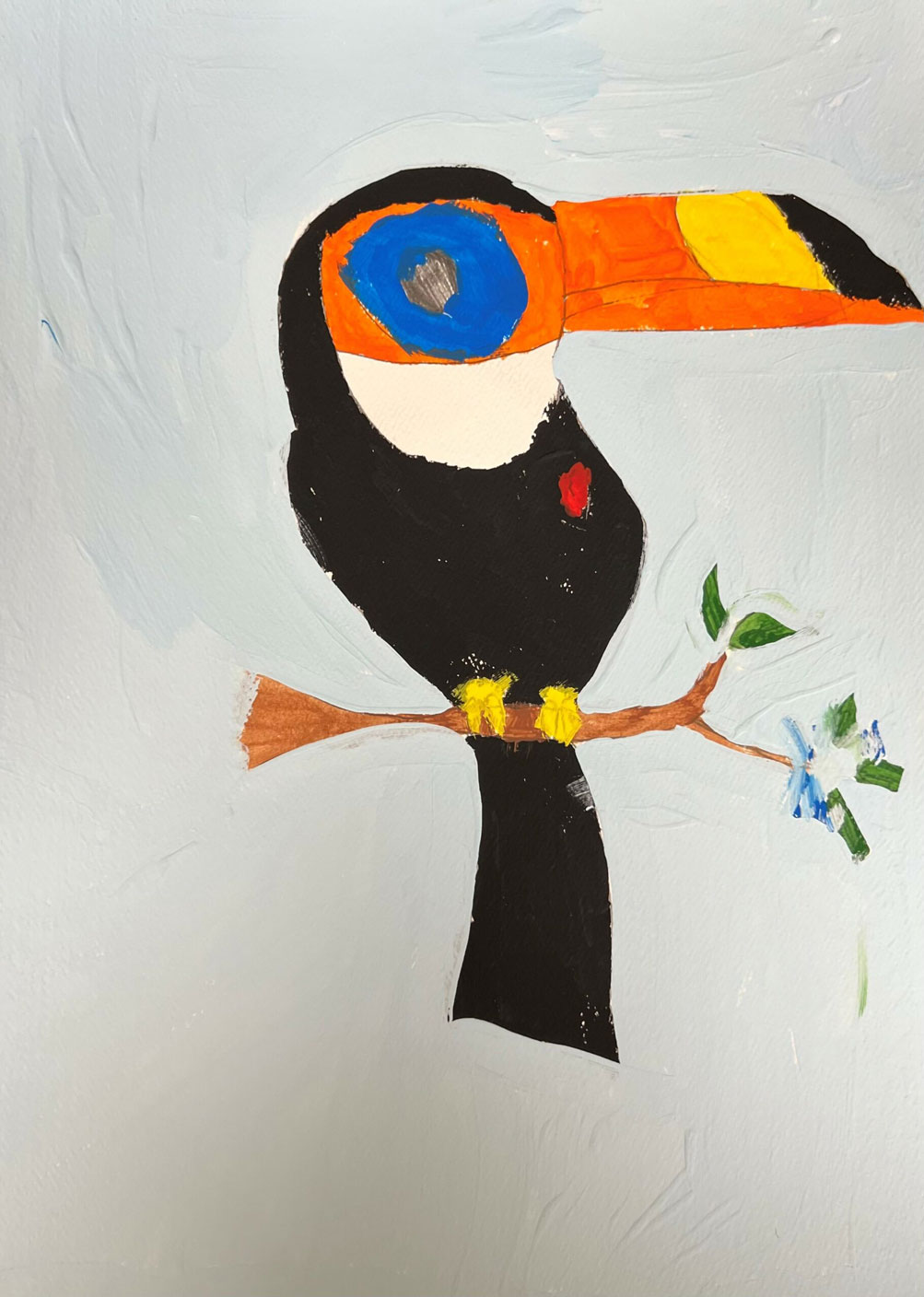 A child's painting of a toucan, on a white background.