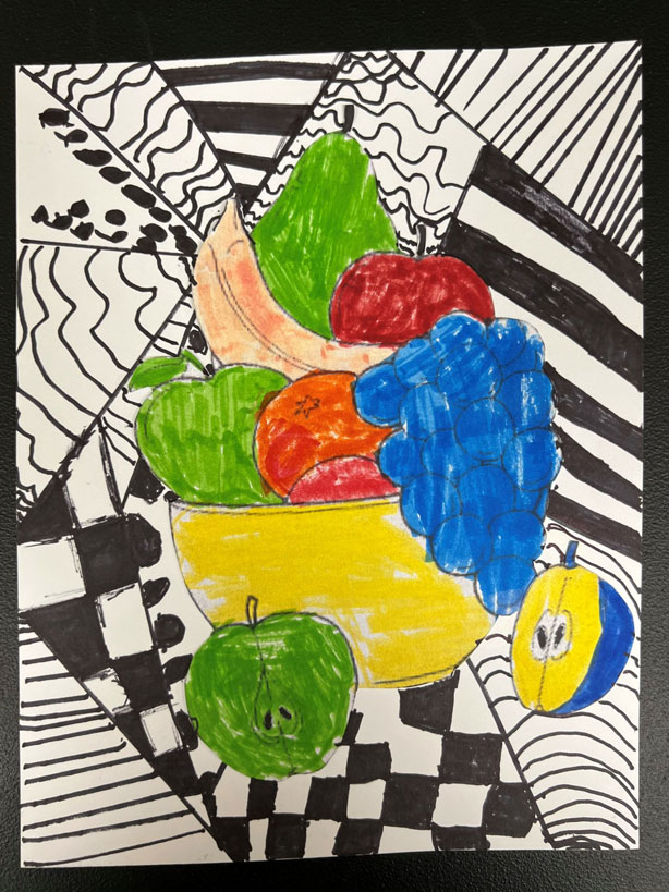 An optical illusion background with a marker drawn and multi colored fruit bowl filled with various fruits in the foreground.