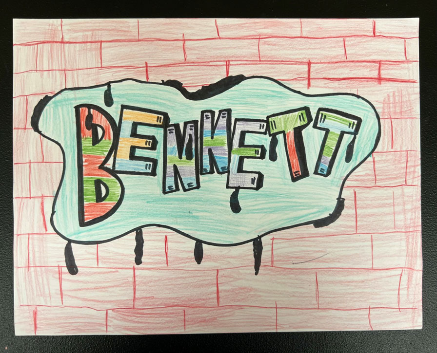 The name 'Bennett' in the foreground is colored in multiple striped primary and secondary colors onto a brick wall background.