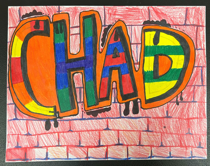 The name 'Chad' in the foreground is colored in multiple primary and secondary colors onto a brick wall background.