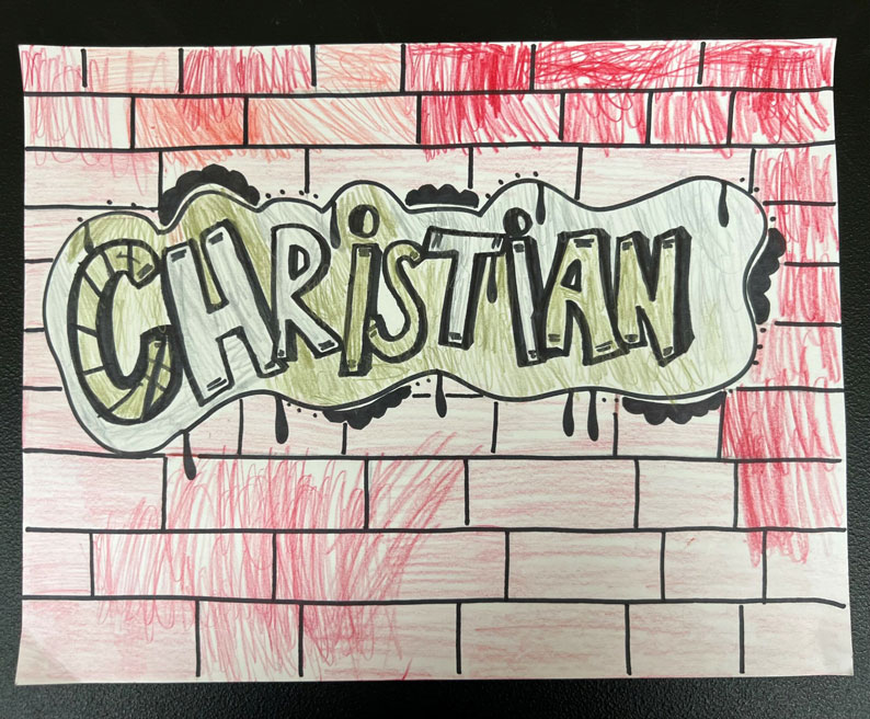 The name 'Christian' in the foreground is colored in a light sage green onto a brick wall background.