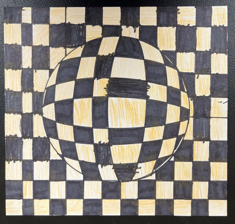 A black and white checkerboard art piece with a black and white circle optical illusion in the middle.