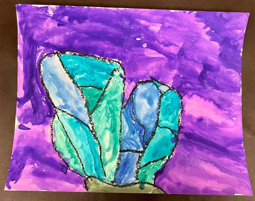 Painting of a blue half butterfly with a purple background.