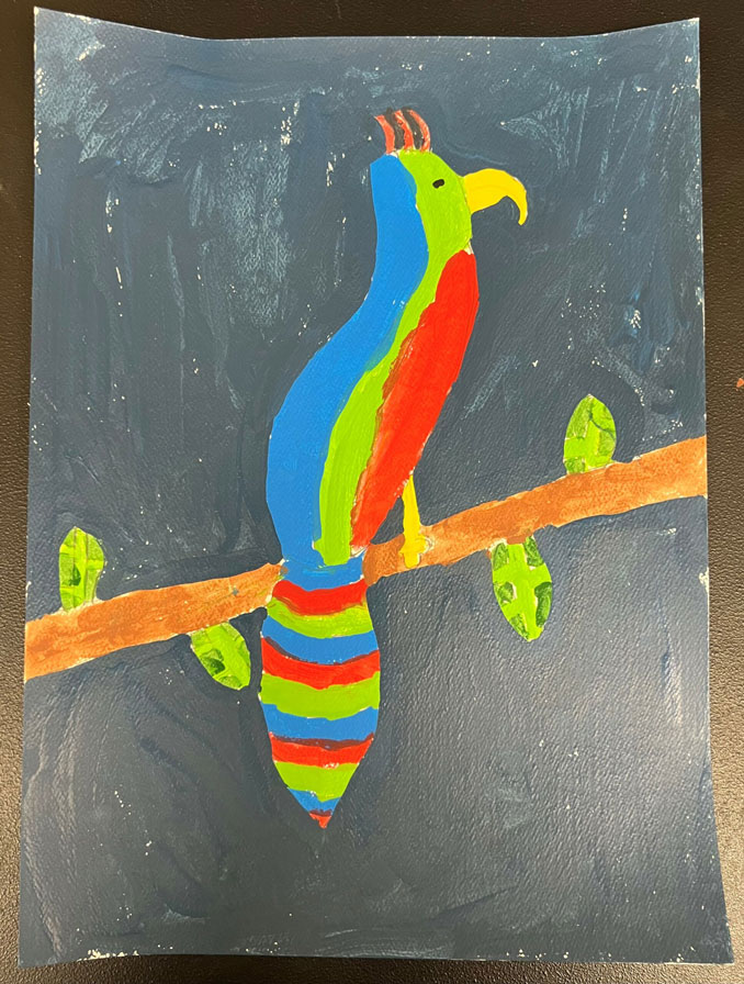 A painting of a red, green and blue colored bird sitting on a branch on a black background.
