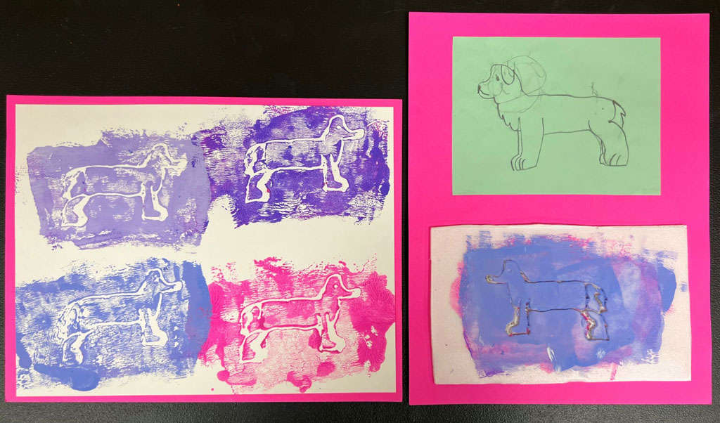 A 4 linocut prints of a dog in different shades of purple and pink. 