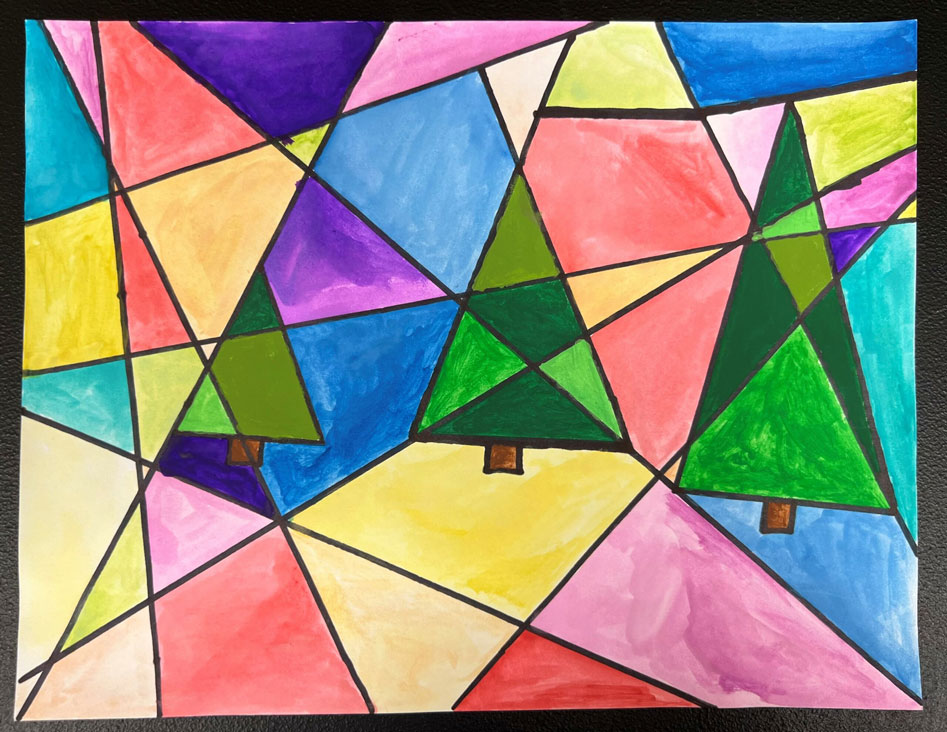 A child's geometric artwork with rainbow colors and trees.