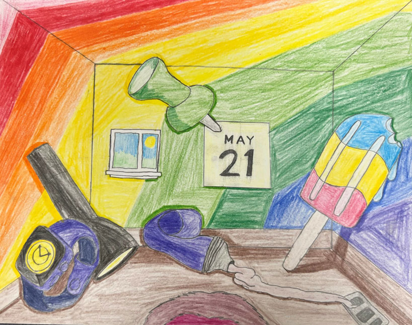 A 3D rainbow room drawn with big multiple objects in various colors such as a green thumbtack, a popsicle, paint tube, a watch, and a flashlight.