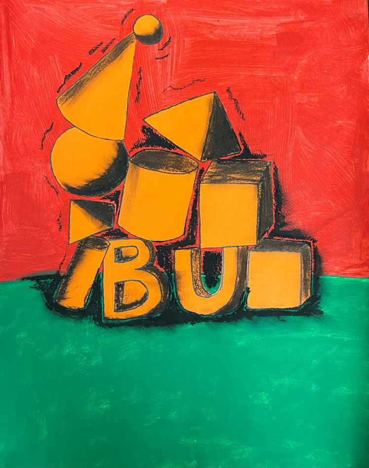 Orange shapes and letters drawn in the foreground, on top of a red and green background.