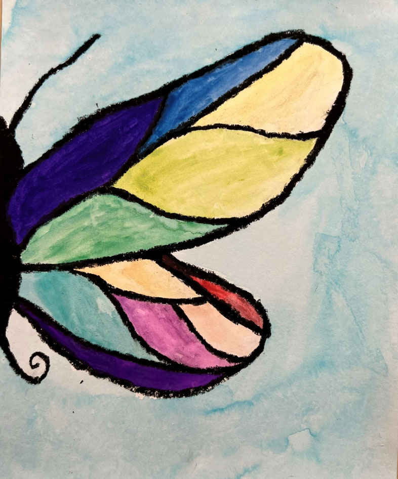 A child's painting of a half butterfly with rainbow colored wings.