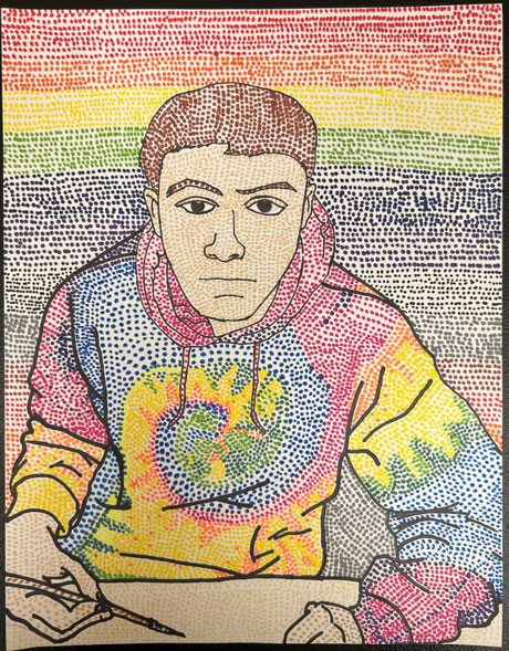 An adolescent boy drawn in a rainbow tie-dye sweatshirt with a rainbow background in a pointillism (dotted) art style.