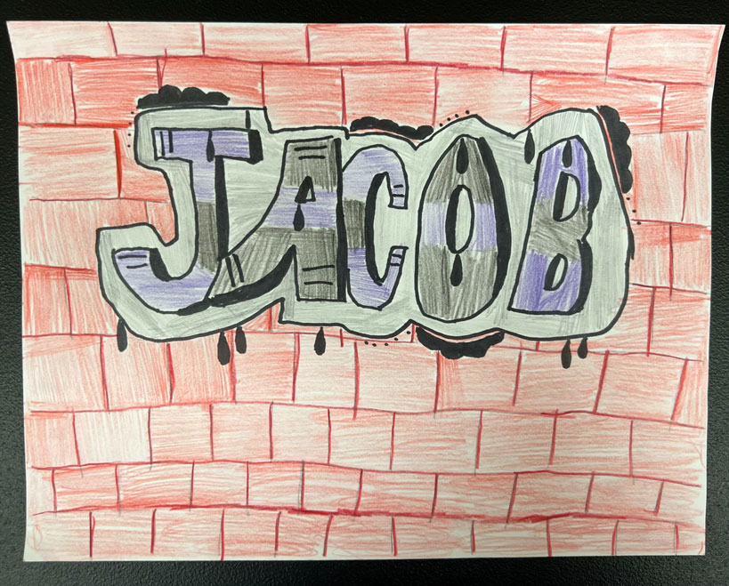 The name 'Jacob' in the foreground is colored in black and purple stripes onto a brick wall background.
