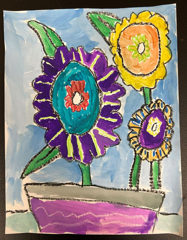 Child's painting of yellow and purple flowers.