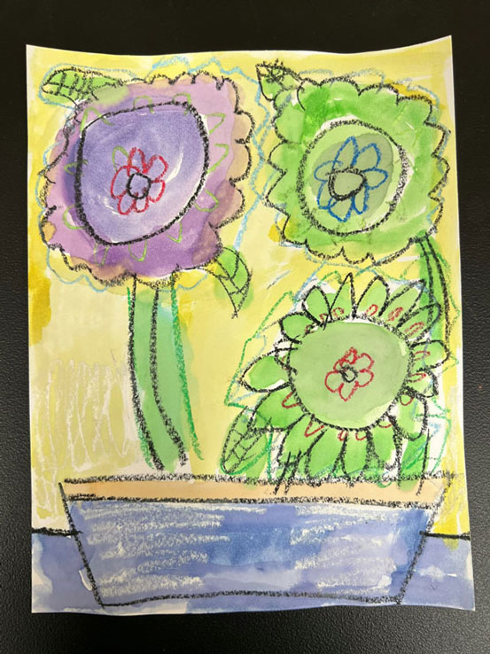 Child's painting of green and purple flowers.