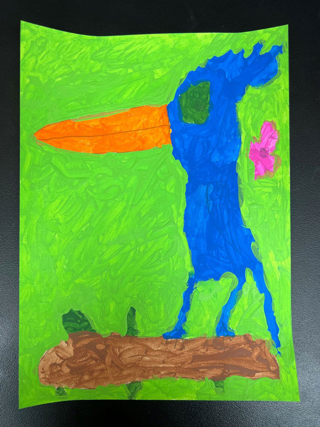 Child's painting of a blue bird.
