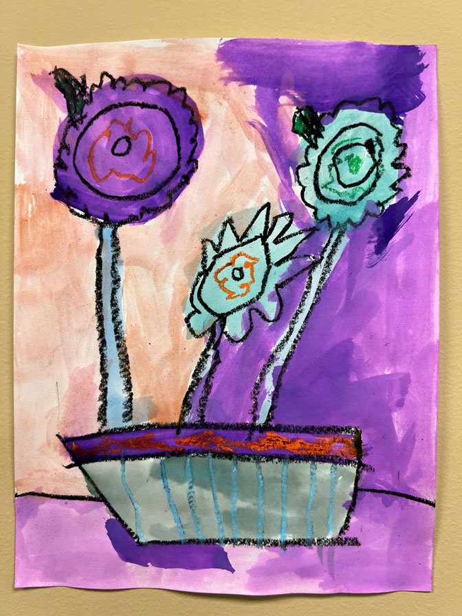 An artwork of purple and teal flowers on a peach and purple background.