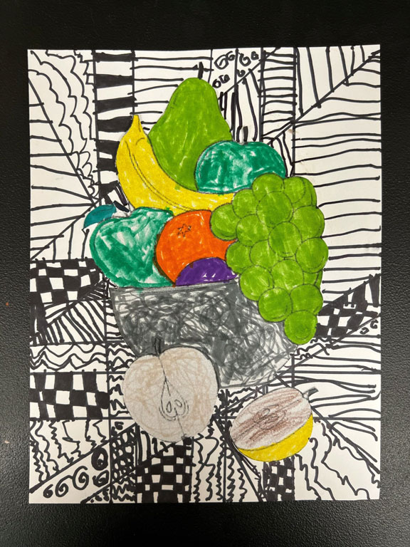 A artwork with black and white optical illusion background, and colored fruits in the foreground.