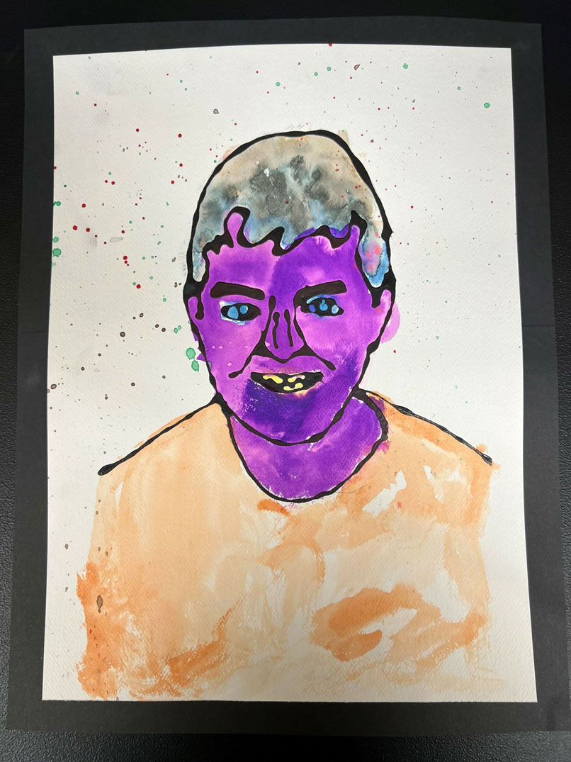 A multicolored watercolor self portrait of an adolescent boy.