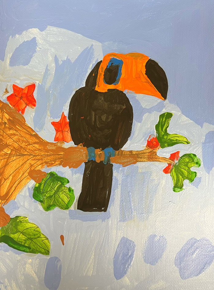 A painting of a toucan on a branch.