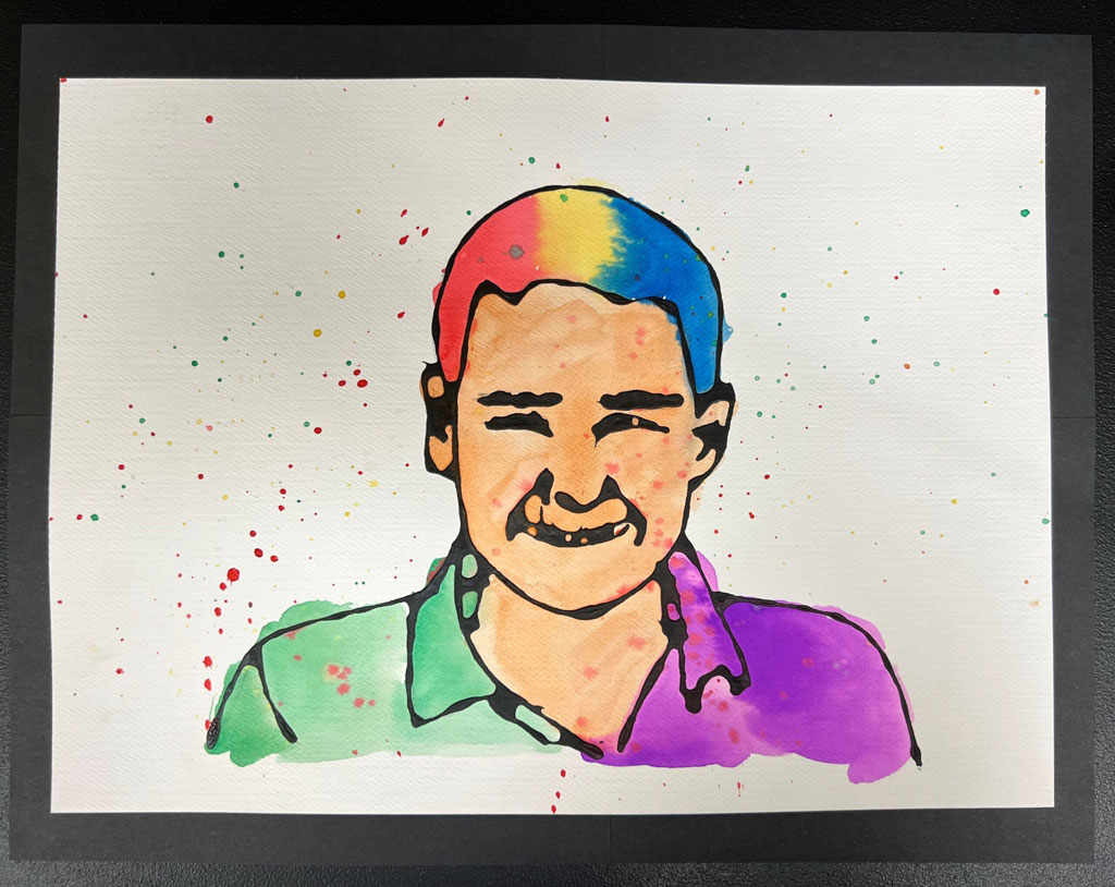 A rainbow colored watercolor self portrait of an adolescent boy.