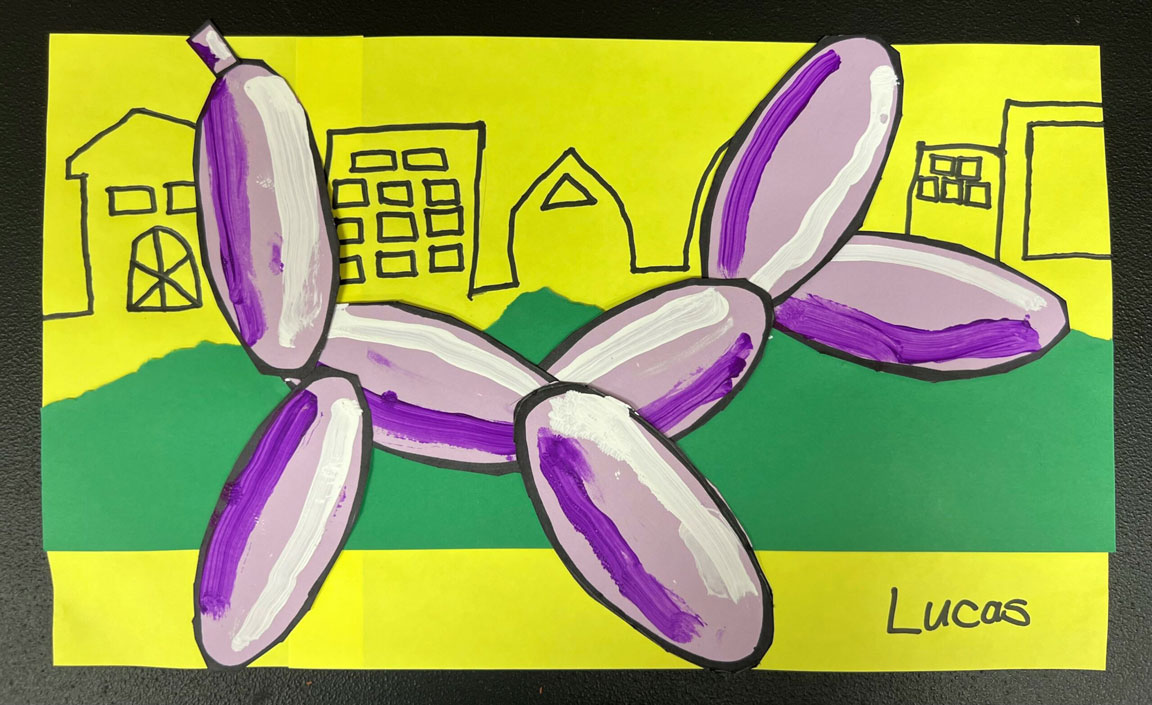 A painting of a purple balloon dog on a green and yellow city background.