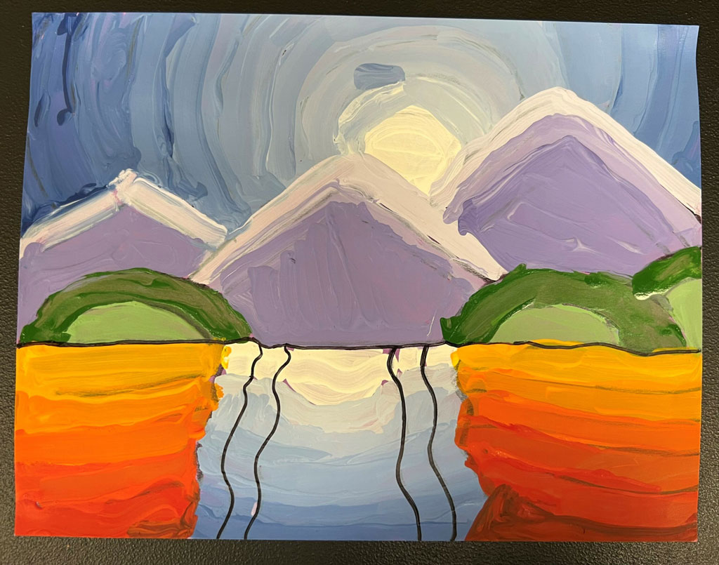 Paint artwork using rainbow colors to create a mountainous landscape with a river and field.