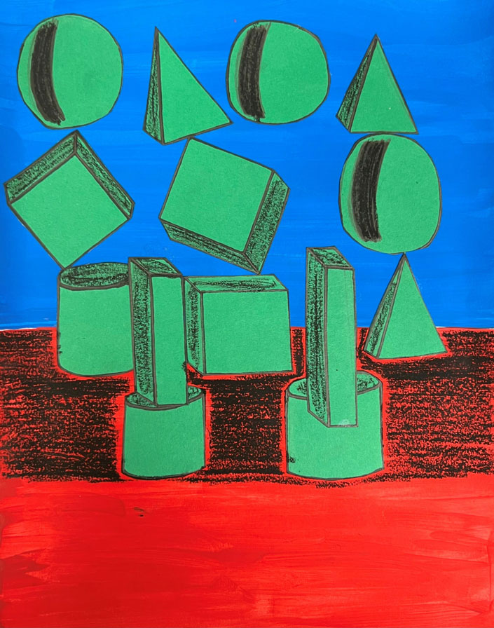 Green shapes drawn in the foreground, on top of a red and blue background.