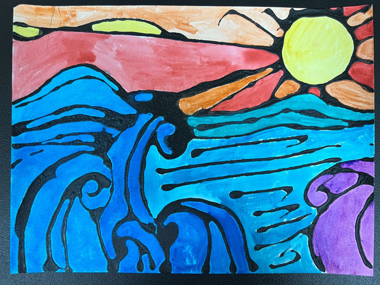 A vibrant painting of the ocean and sunset.