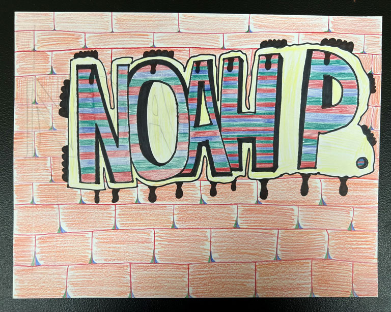 The name 'Noah P.' in the foreground is colored in multiple primary and secondary colors onto a brick wall background.