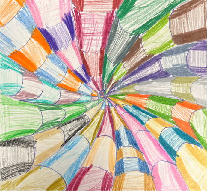 A child's multiple color spiral illusion artwork.