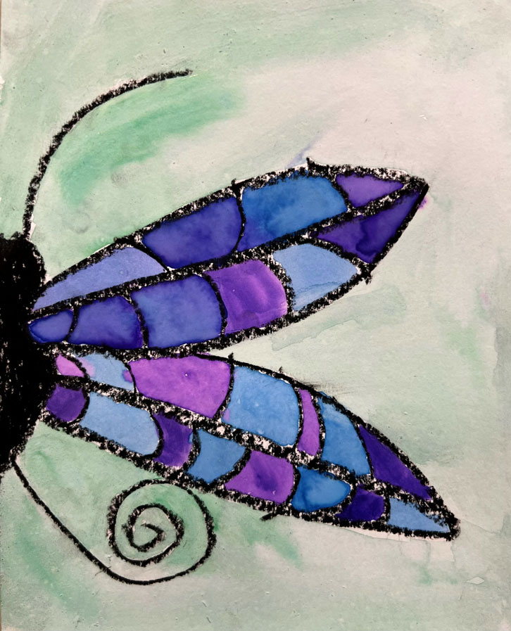 Painting of a blue and purple half butterfly with a light green background.