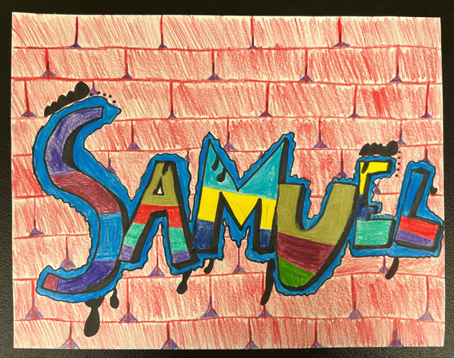 The name 'Samuel' in the foreground is colored in multiple primary and secondary colors onto a brick wall background.