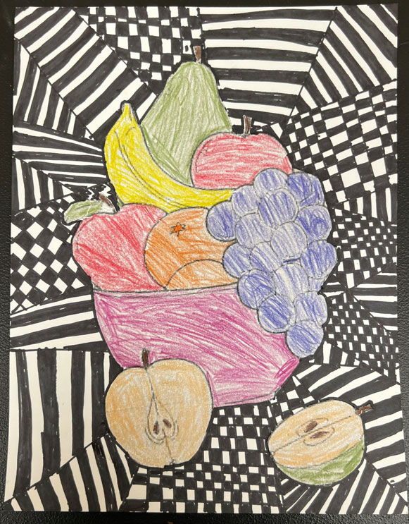 An optical illusion background with a marker drawn and multicolored fruit bowl filled with various fruits in the foreground.