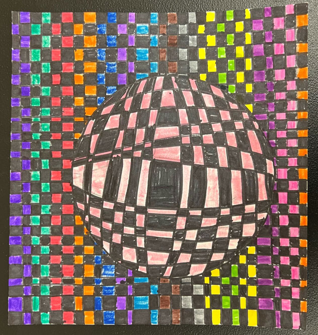 A multicolored checkerboard art piece with a multicolored circle optical illusion in the middle.