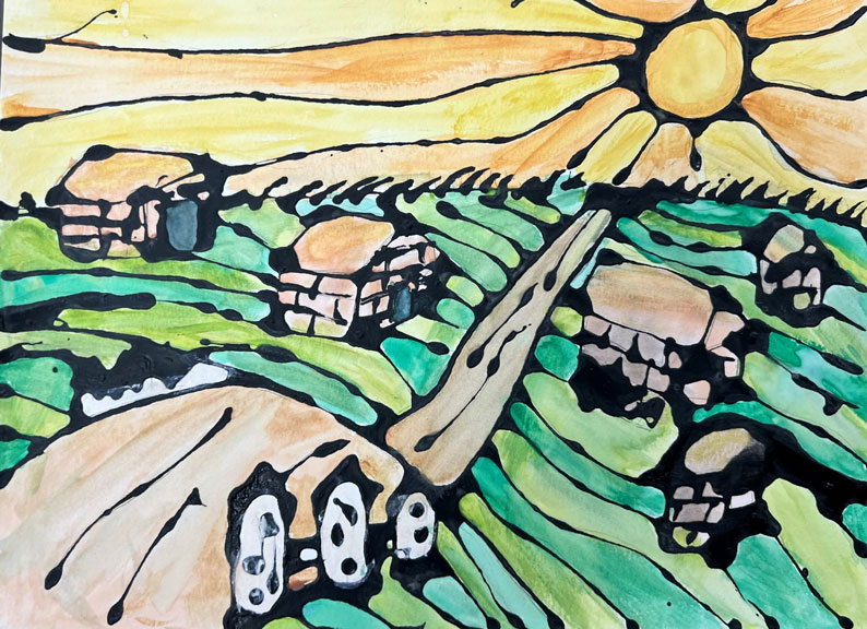 An artwork of a green valley with brick houses.