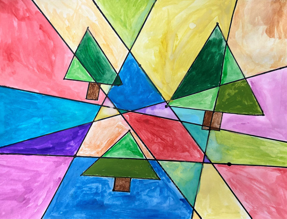 A geometric inspired artwork, with green trees and multiple other primary and secondary background colors.