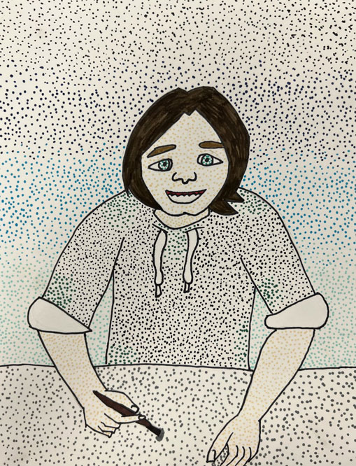 A self portrait of an adolescent boy inspired by the Pointillism art style.