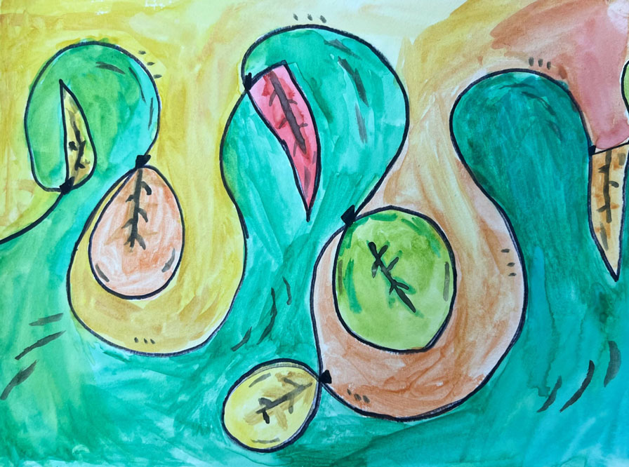 A painting with green wave/bushes, and different colored leaves among them.