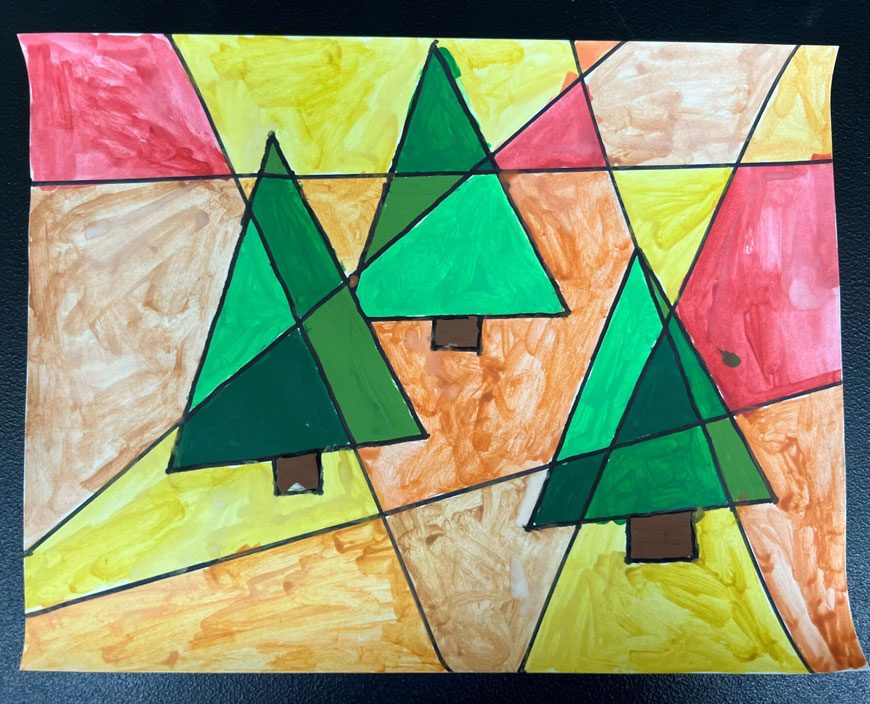 A geometric inspired artwork, with green trees and brown, orange, red and yellow background colors.