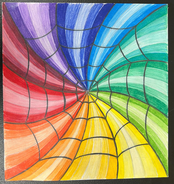 Child's multiple color spiral illusion artwork.