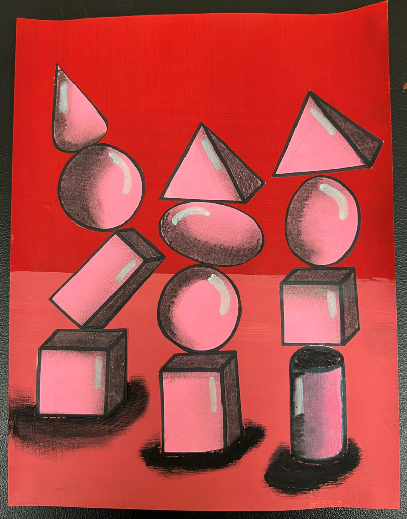 An artwork of pink 3D shapes with a red background.