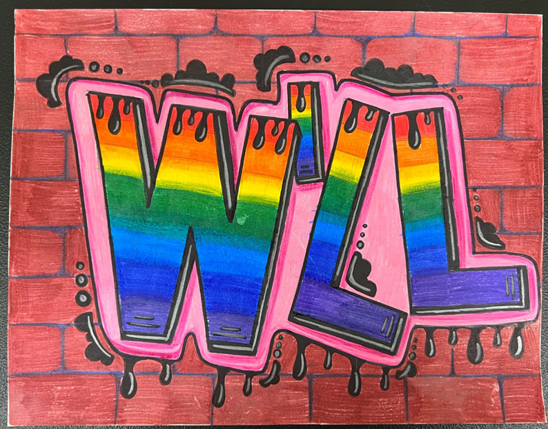 The name 'Will' in the foreground is colored in a rainbow onto a brick wall background.